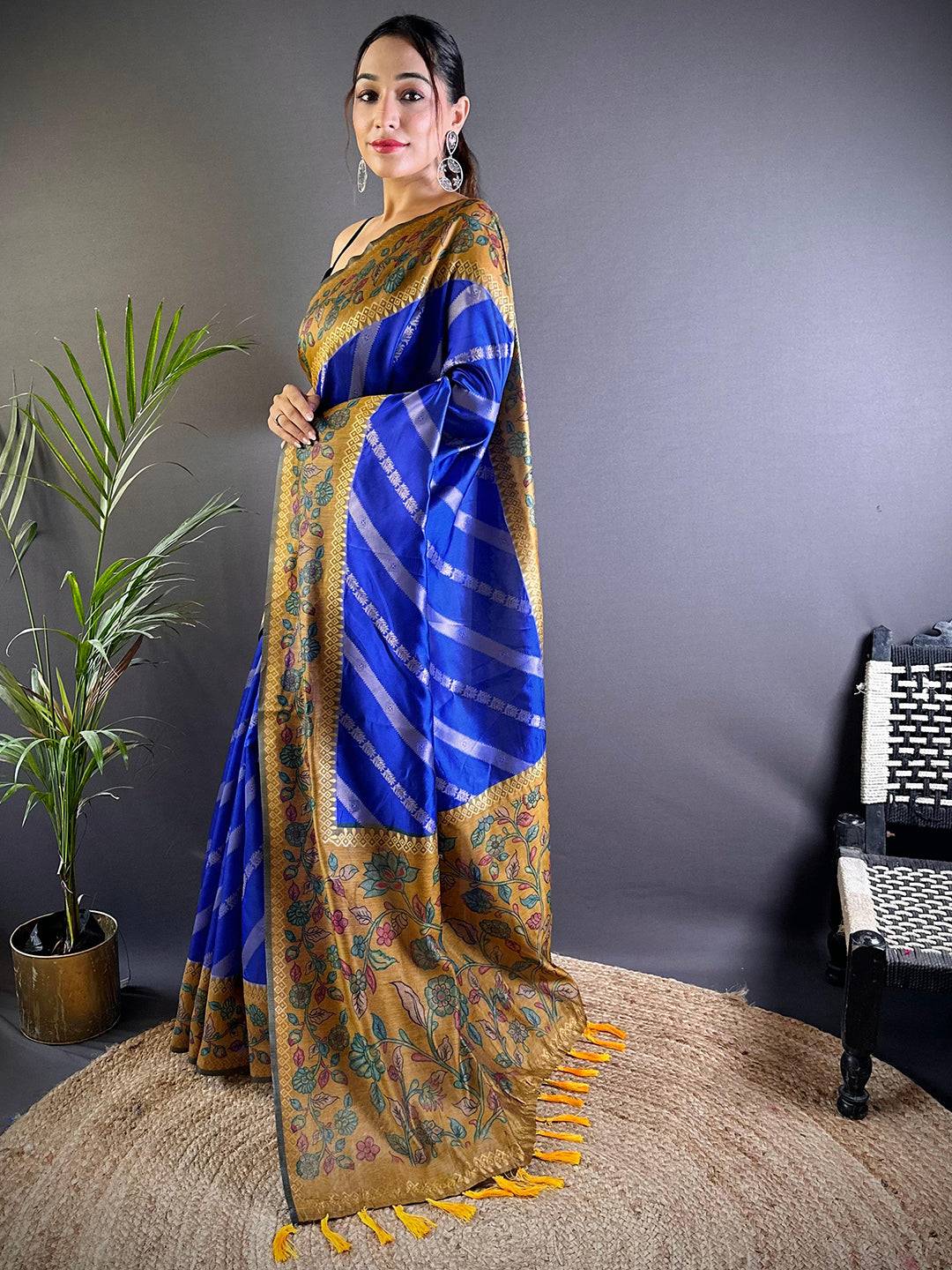 Blue Gold Zari And Kalamkari Print Saree