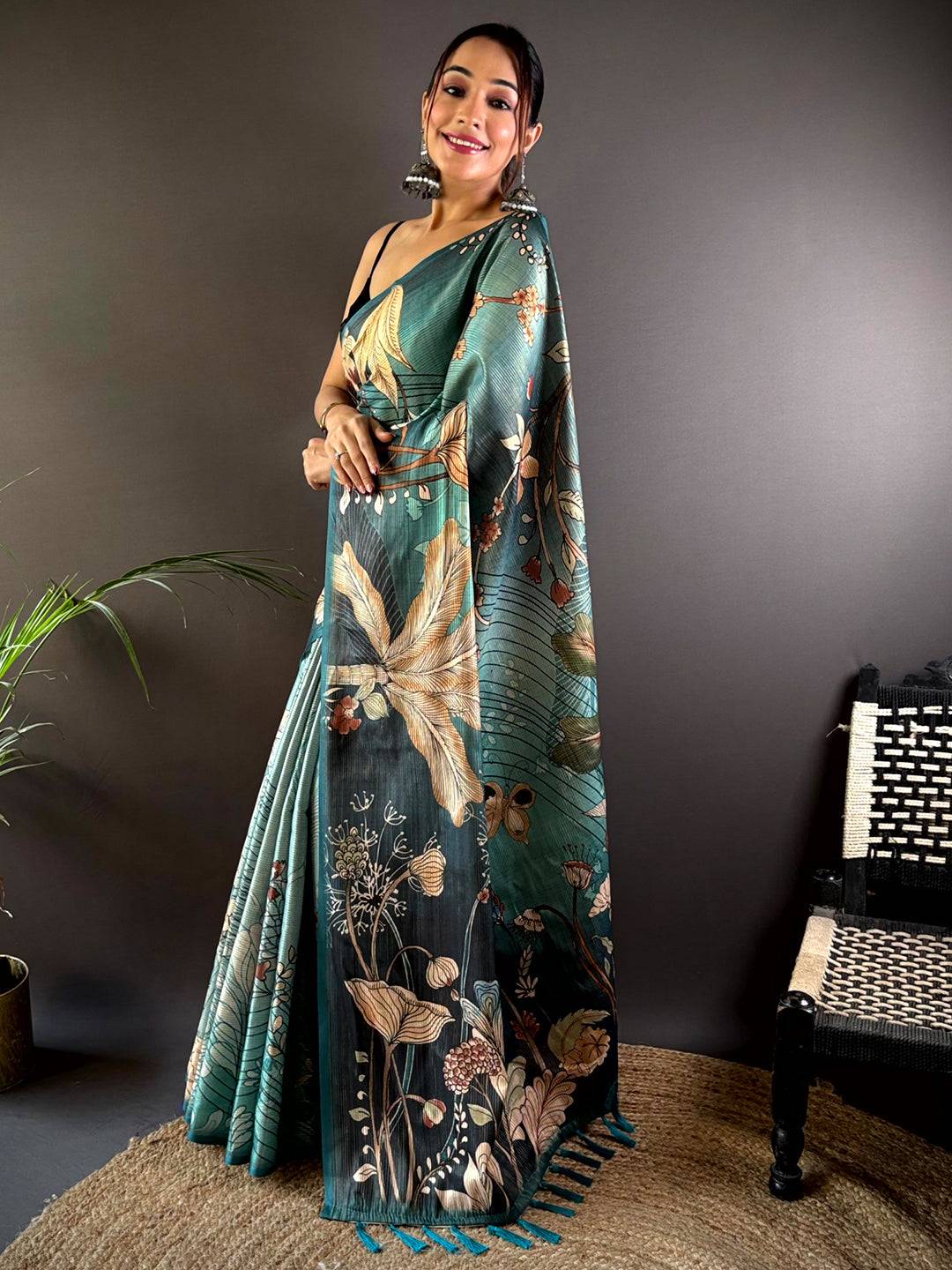 Rama Semi Gold Zari Botanical Tussar Saree by My Store
