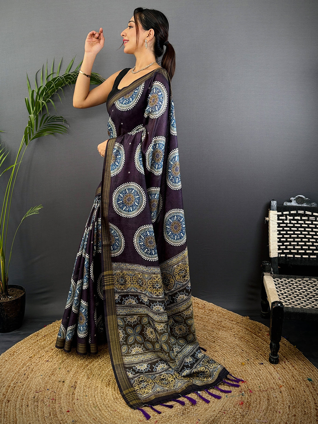 Dark Purple Linen Ajarak Print Saree by My Store