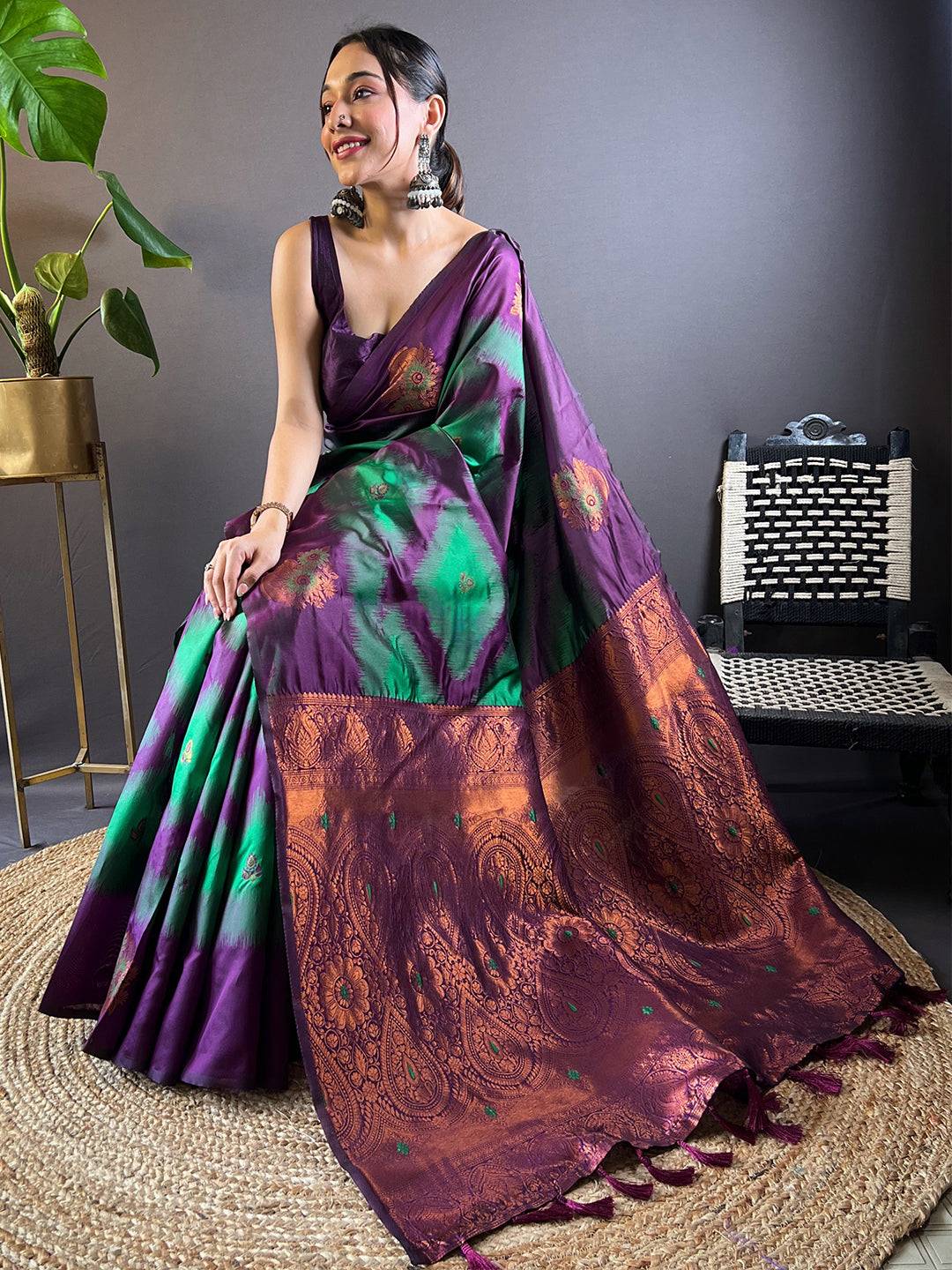Dark Green Tussar Silk Ikkat Weaving Saree