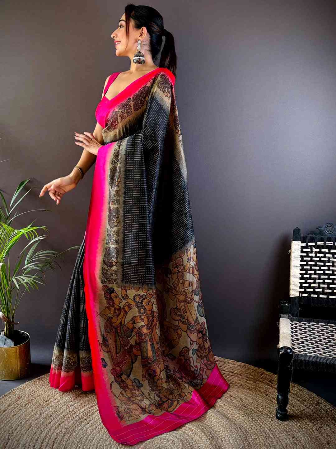 Black Soft Silk Kalamkari Pallu Saree