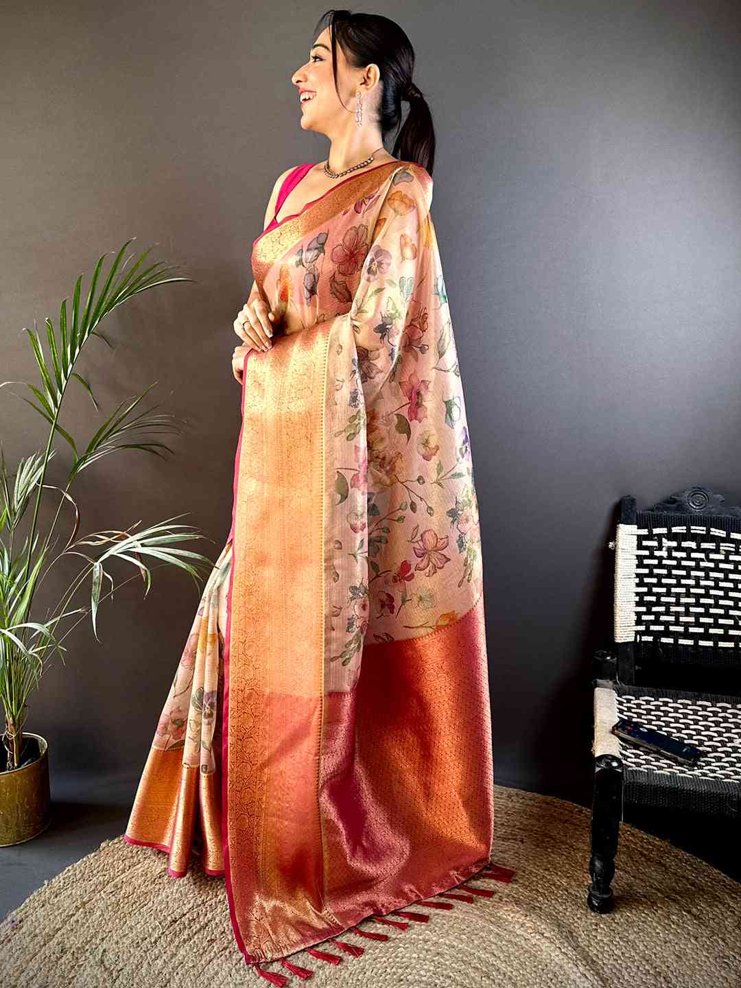 Tan Beige Floral Gold Zari Tissue Saree by My Store