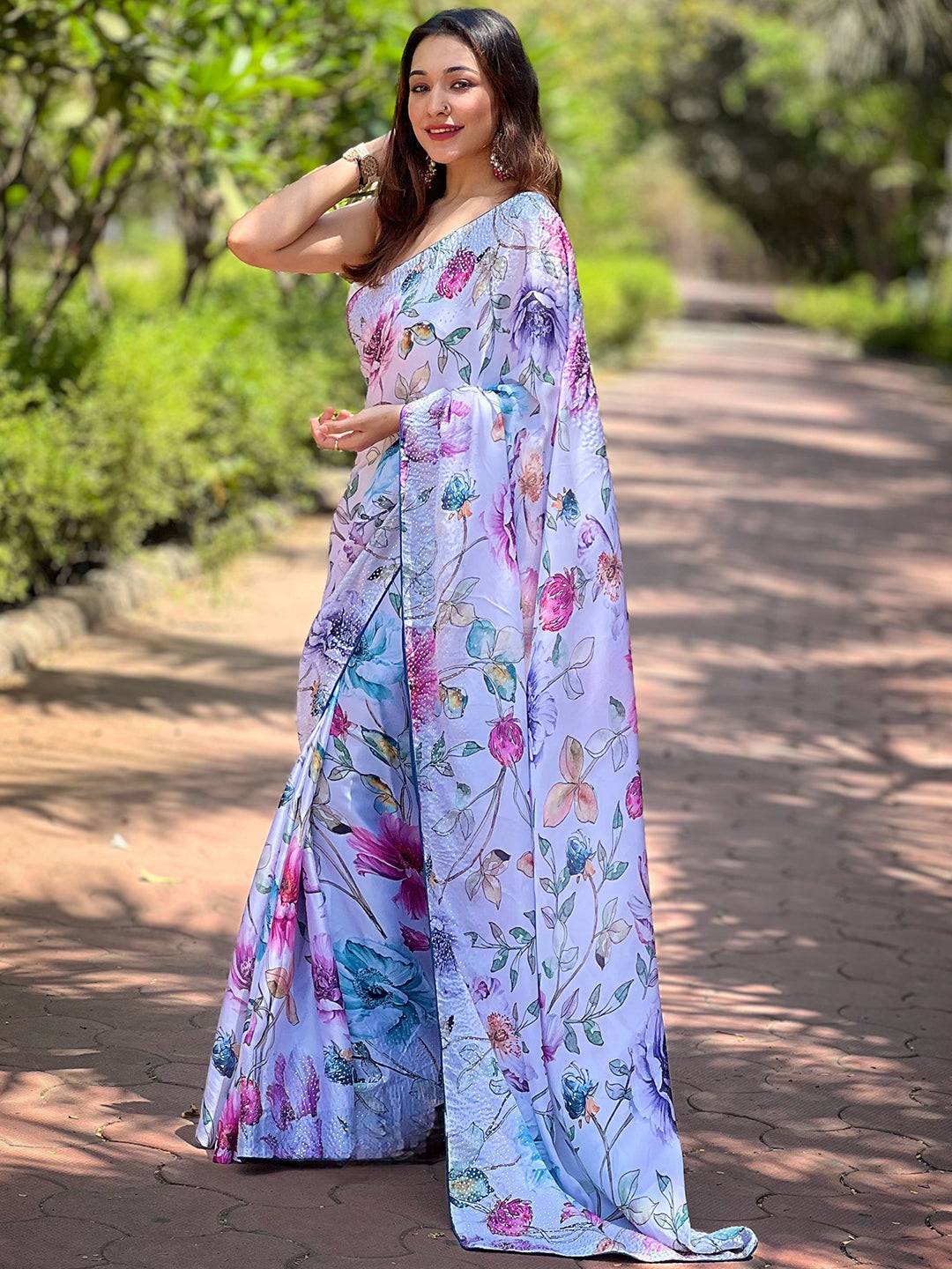Satin Georgette Off White Floral Digital Print Saree by My Store