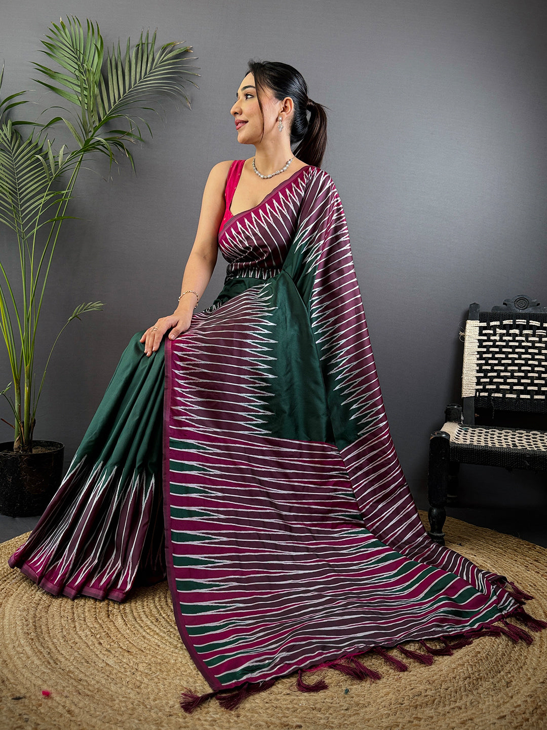 Green Soft Silk Ikkat Zari Weaving Saree by My Store