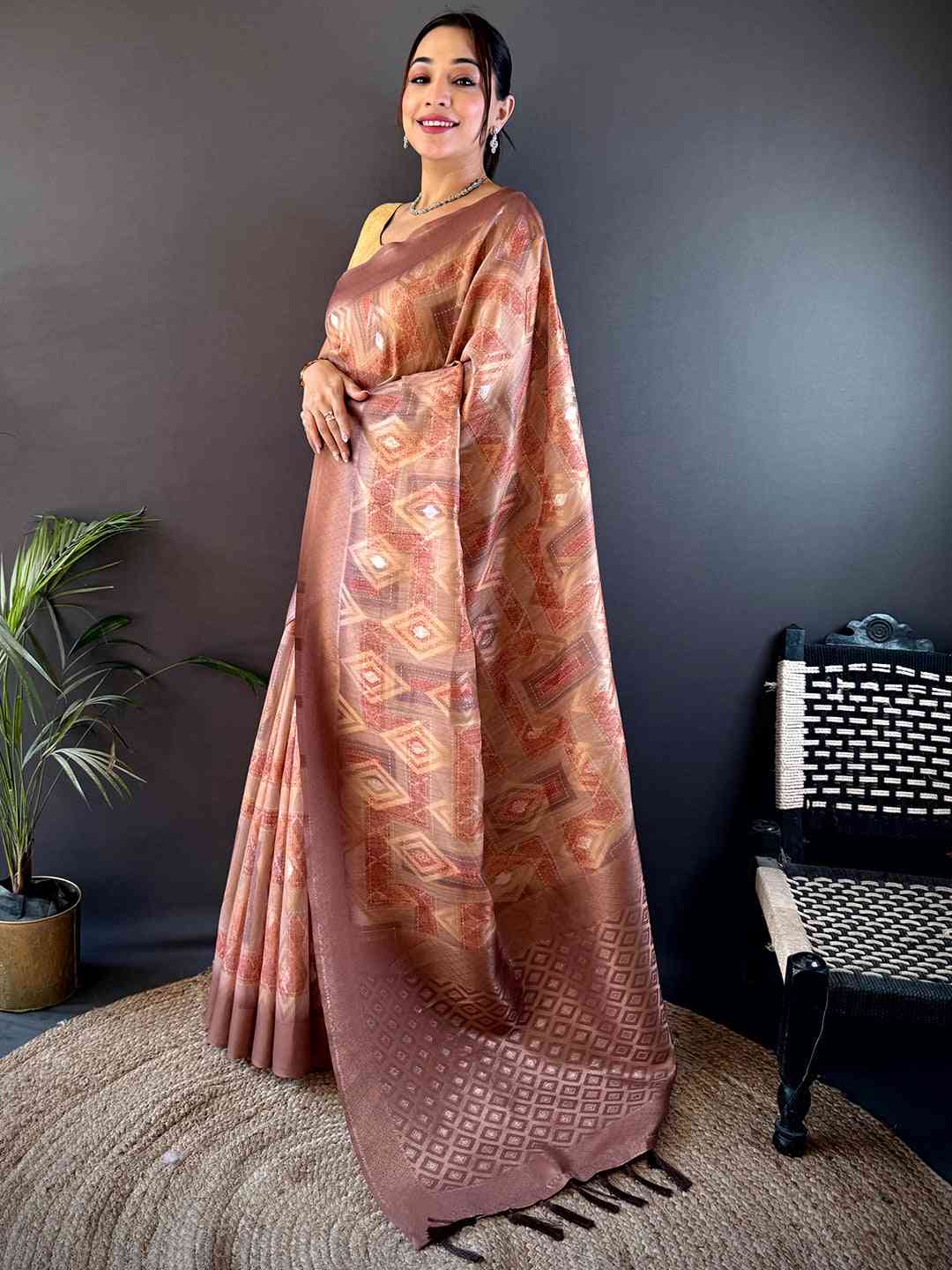 Brown Banarasi Silk Katan Geometric Saree by My Store