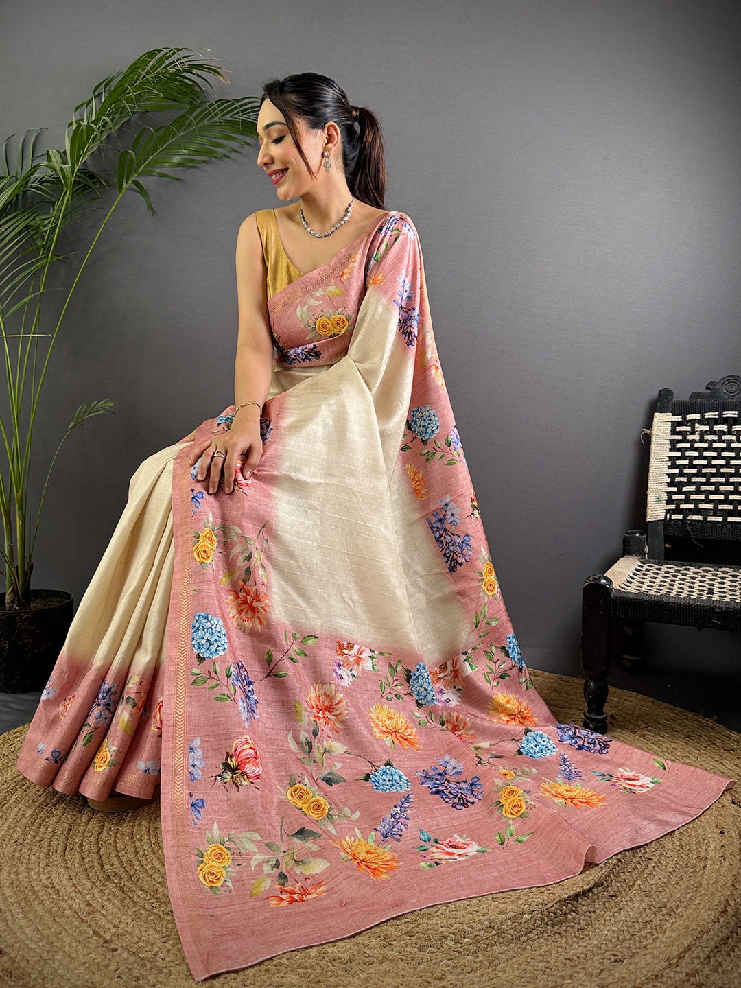 Off White Tussar Ghicha Silk Saree by My Store