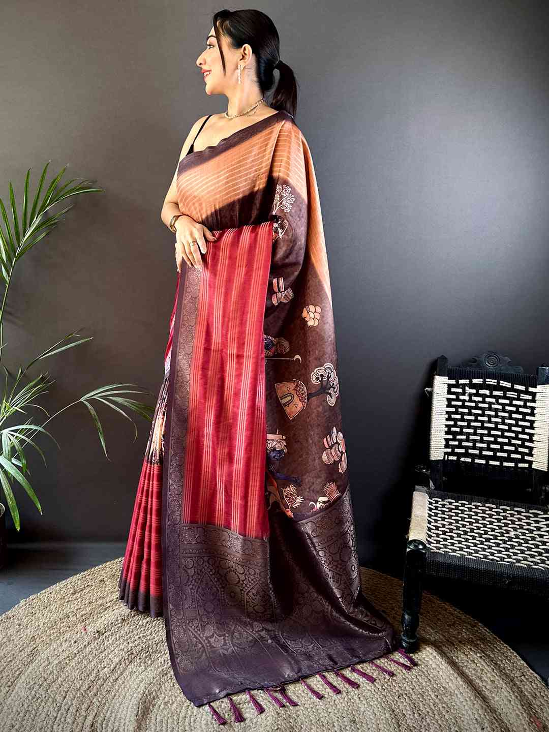 Deep Red Soft Crepe Silk Digital Ombre Saree by My Store