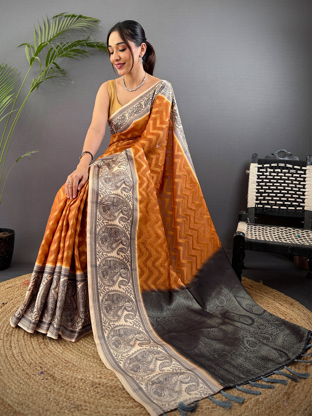 Rust Orange Madhubani Print Soft Silk Saree by My Store
