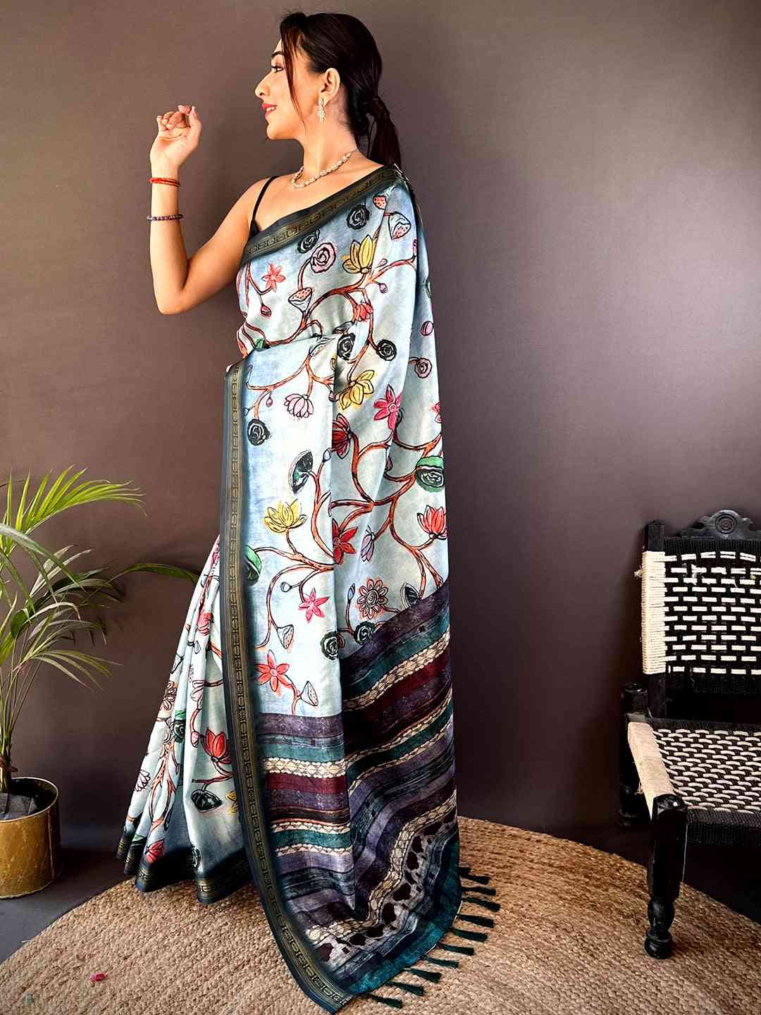 Blue Soft Silk Freehand Kalamkari Print Saree
