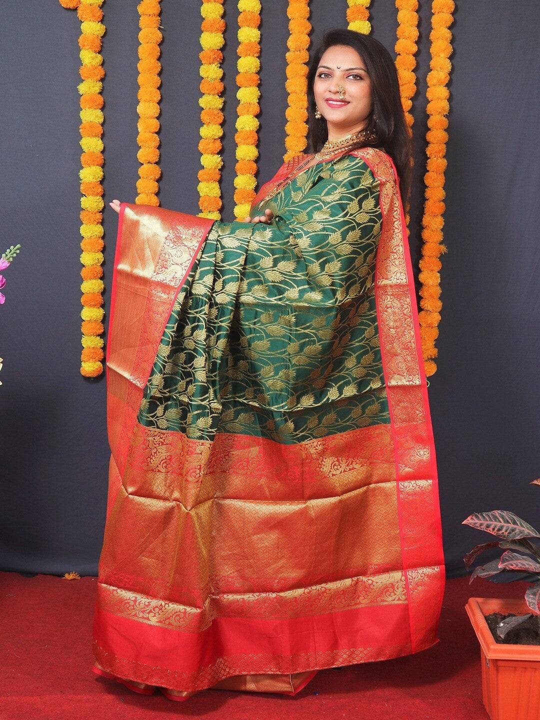 Green Kanjivaram Silk Golden Zari Weaving Saree by My Store