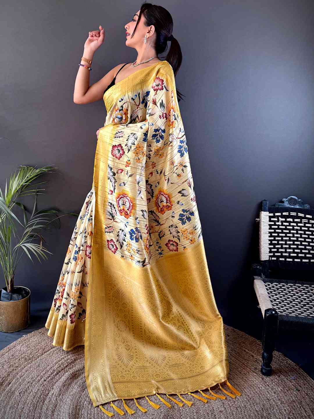 Opulent Banarasi Ghicha Tussar Floral Print Saree by My Store