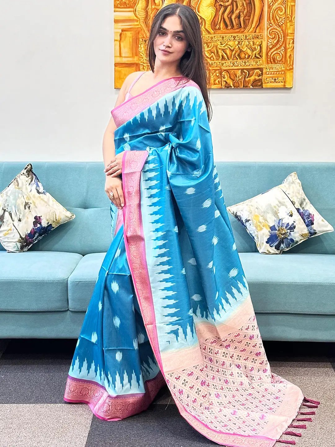Soft Silk Blue Colour Banarasi saree With Zari Patola Pallu. by My Store