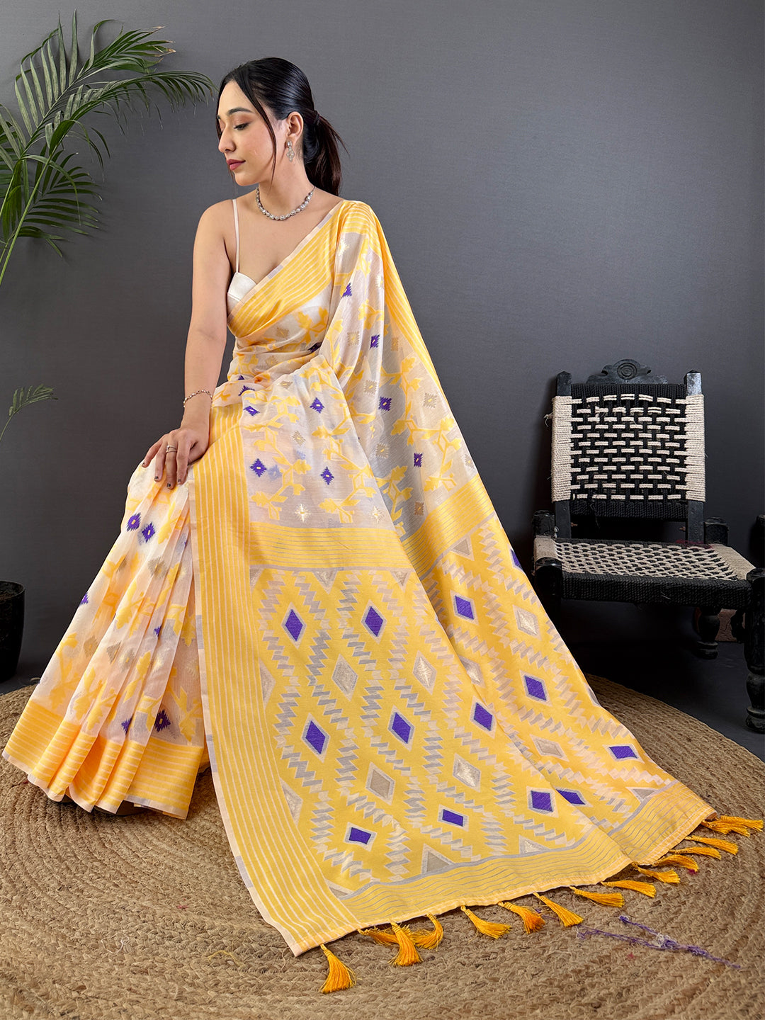 Elegant Yellow Soft Cotton Silk Jamdani Saree by My Store