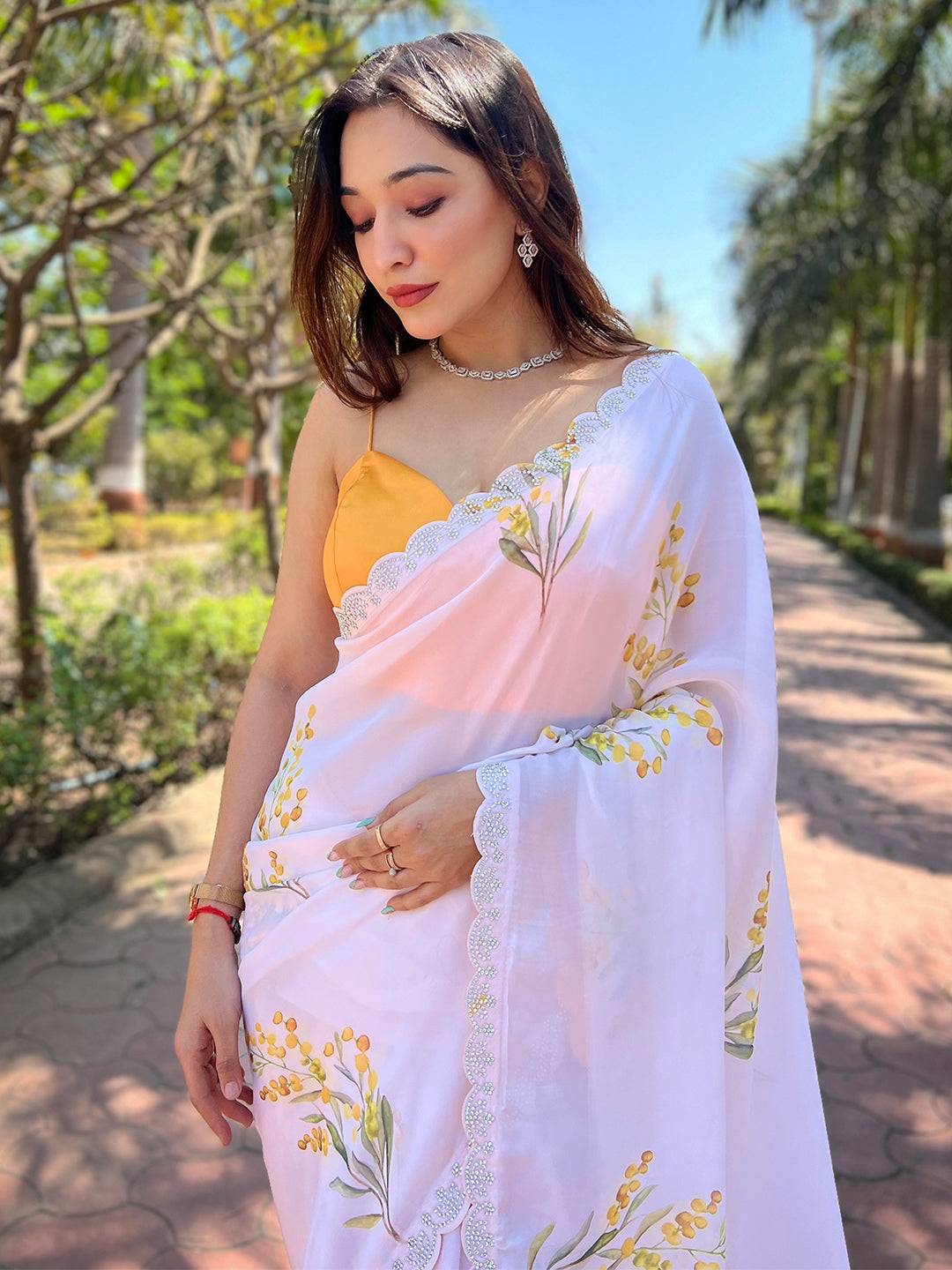 White Pure Satin Georgette with Zircon Swarovski Border Saree