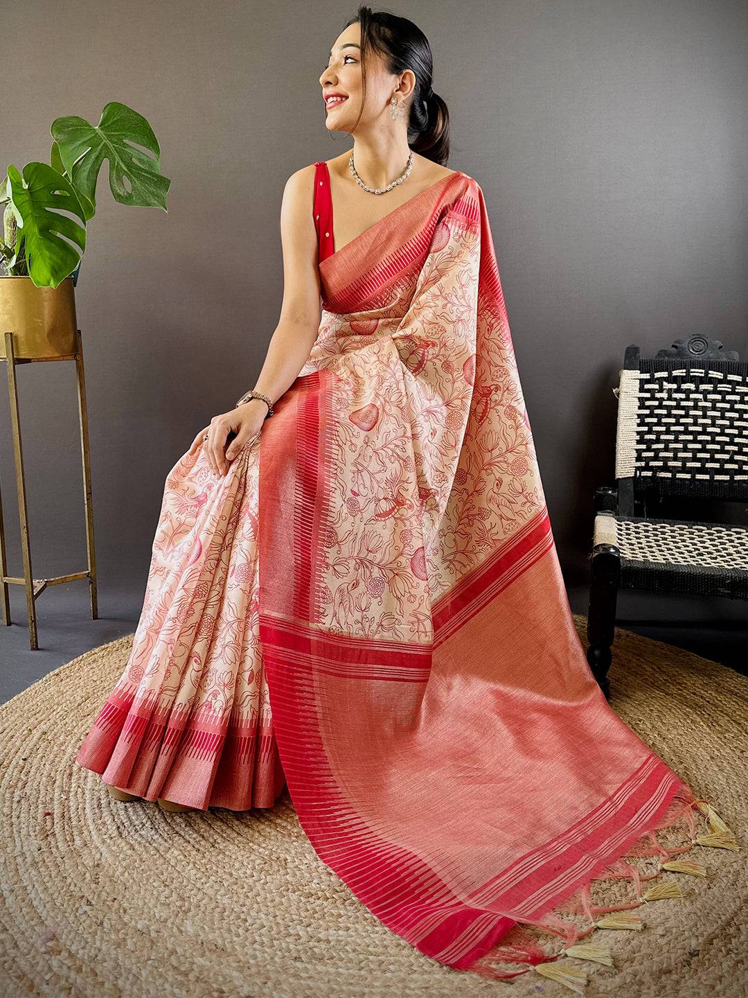 Red Floral Tussar Silk Saree by My Store