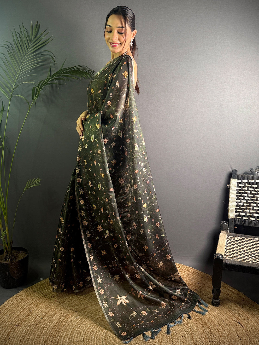 Olive Green Linen Juth Digital Print Saree by My Store