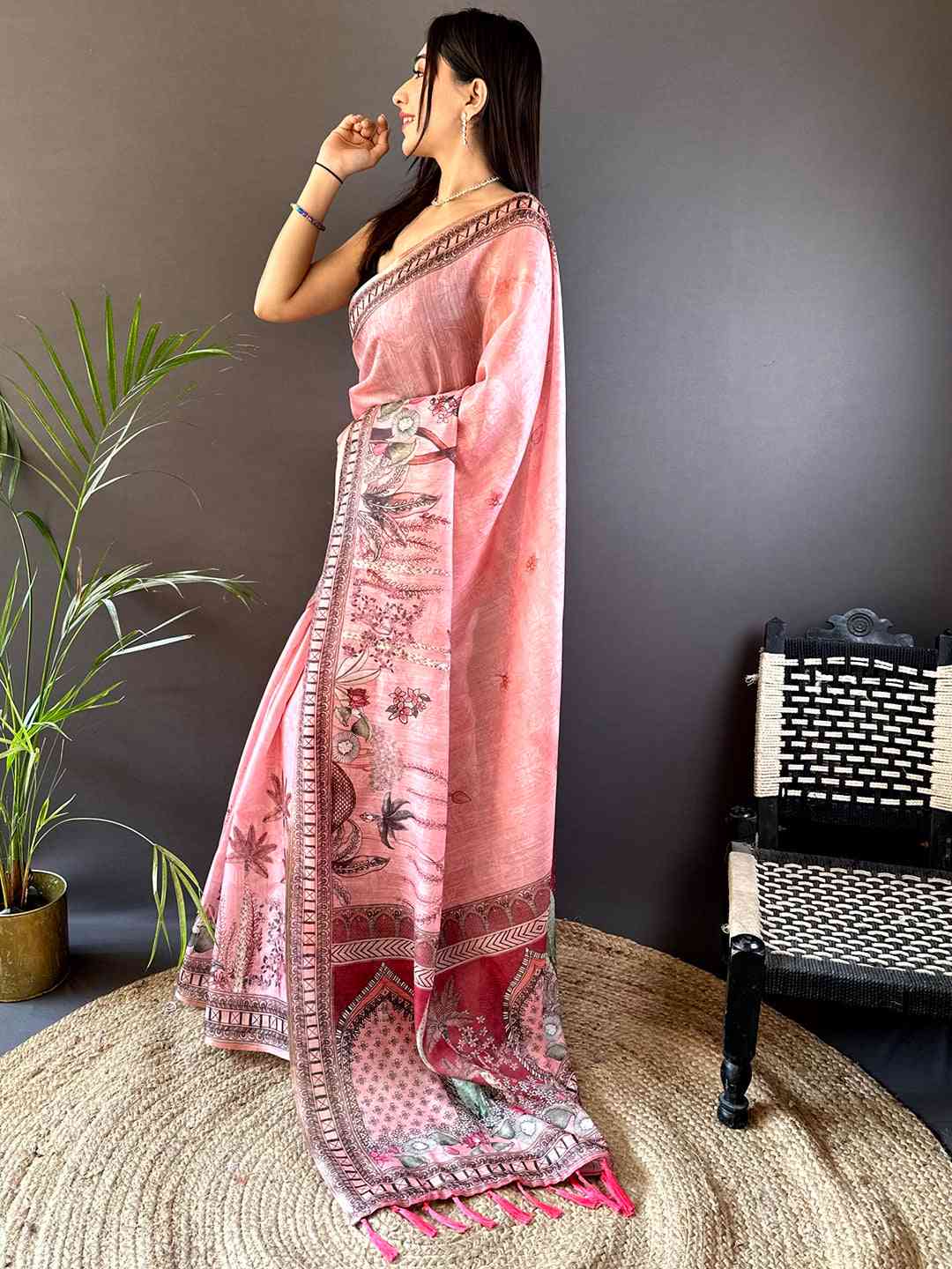 Blush Pink Tissue Floral Leaf Print Saree by My Store