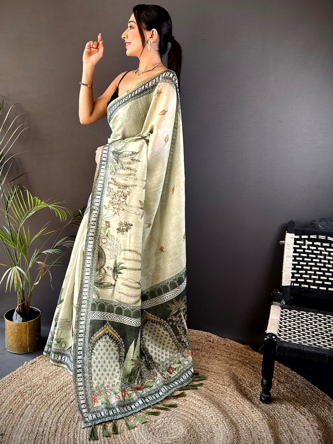 Mint Green Tissue Floral Leaf Print Saree by My Store