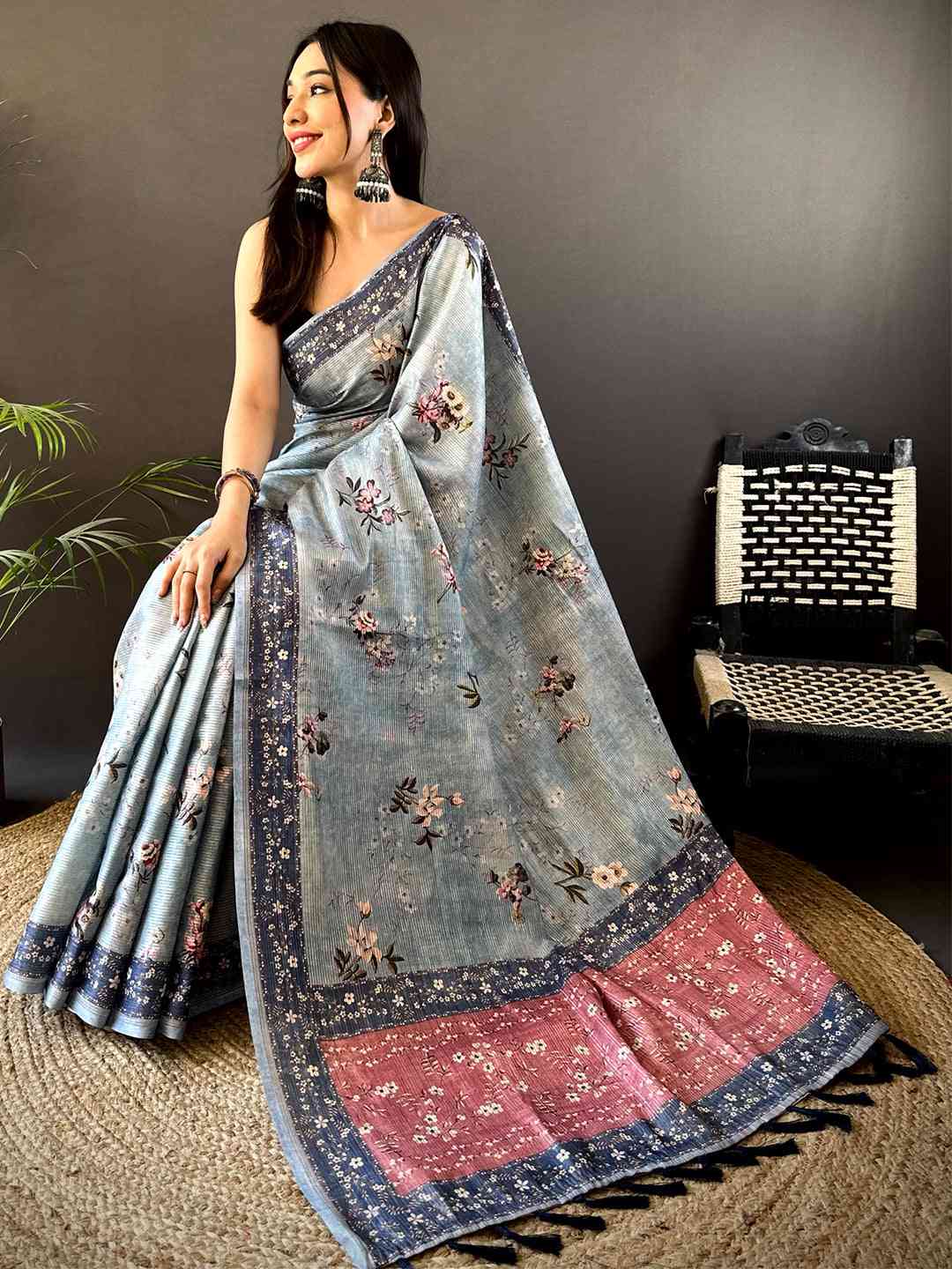 Pastel Blue Zari Tussar Floral Print Saree by My Store