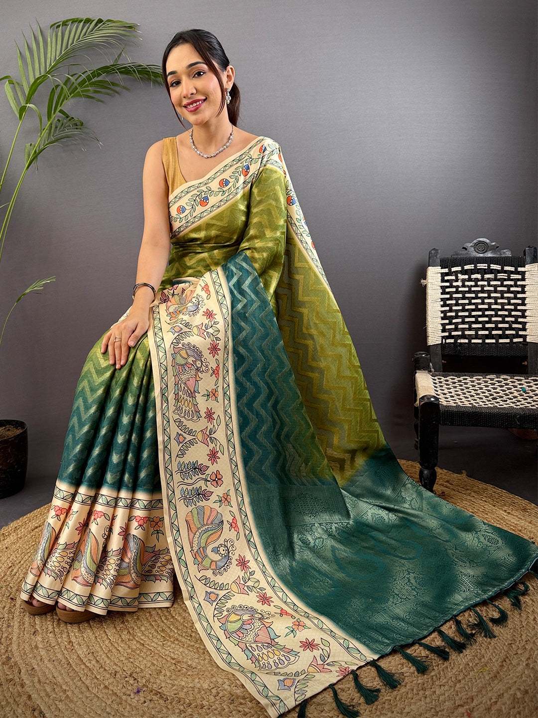 Olive Madhubani Print Soft Silk Saree by My Store