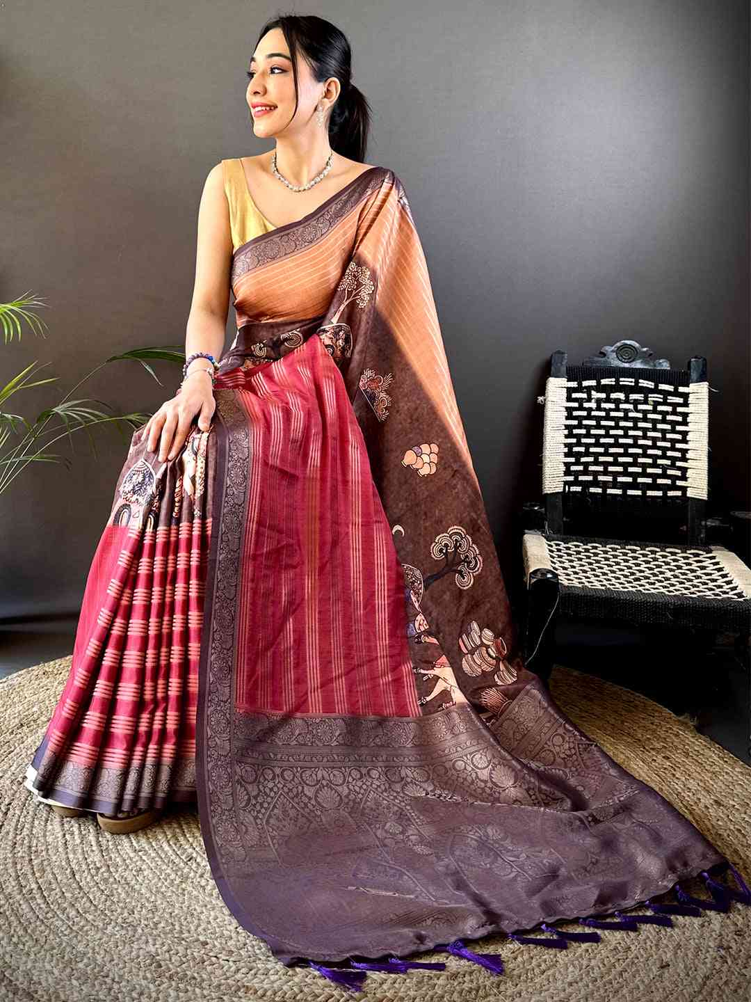 Brown Soft Crep Silk Ombre Print Saree by My Store