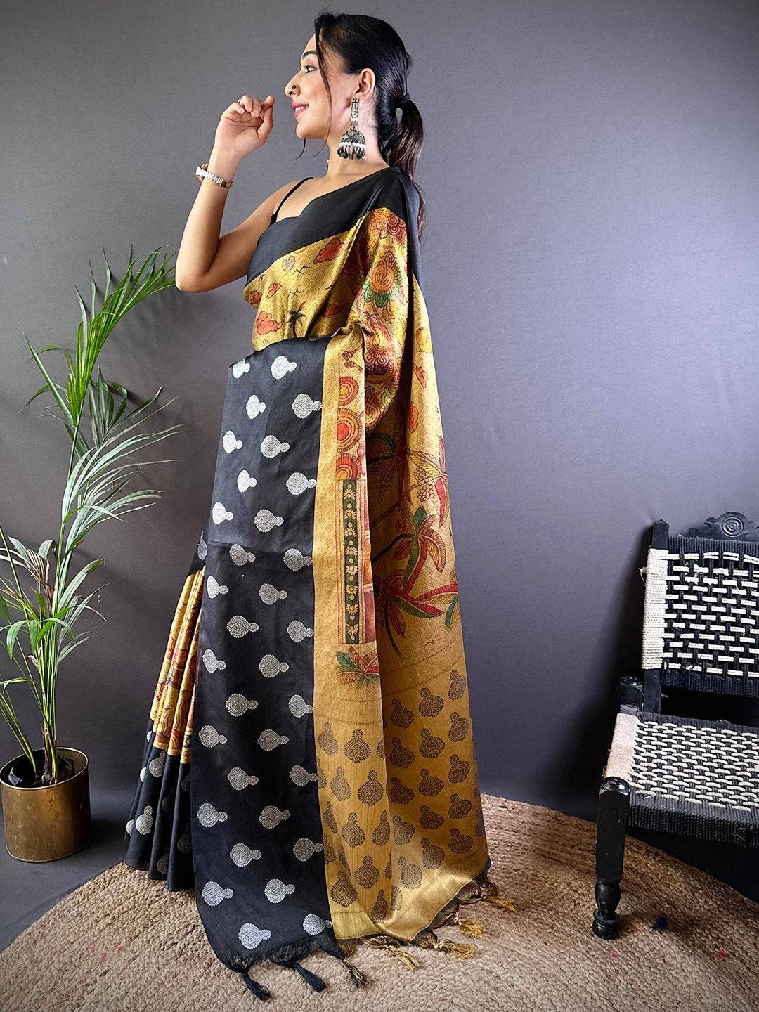 Mustard Yellow Kora Silk Kalamkari Print Saree by My Store