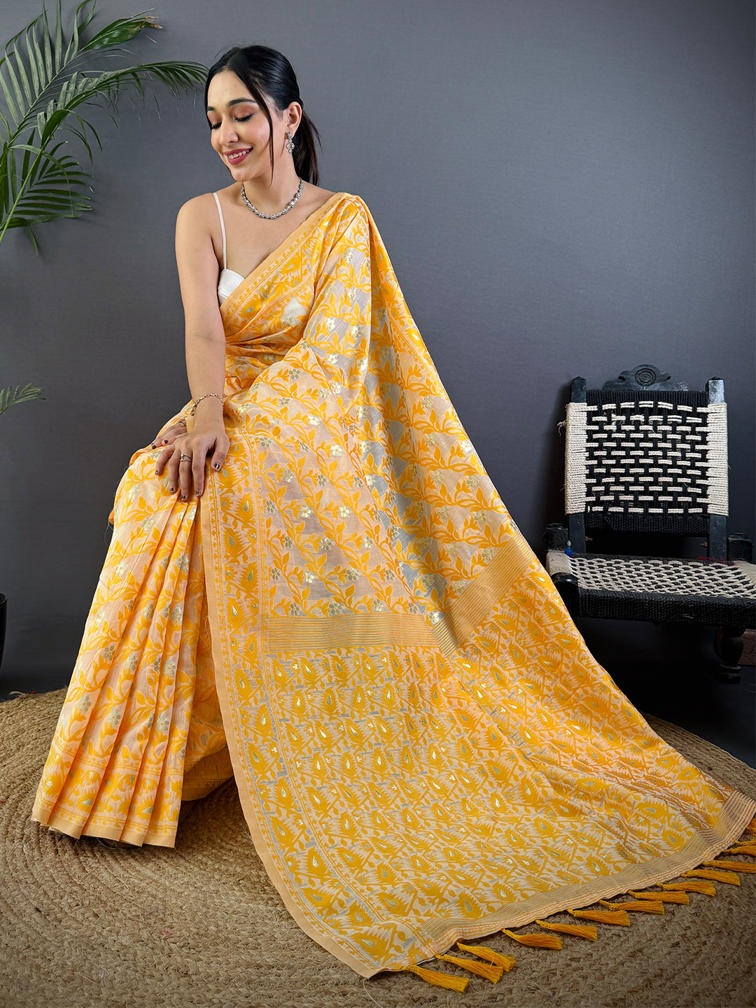 Gold Soft Dhakai Jamdani Silk Saree by My Store