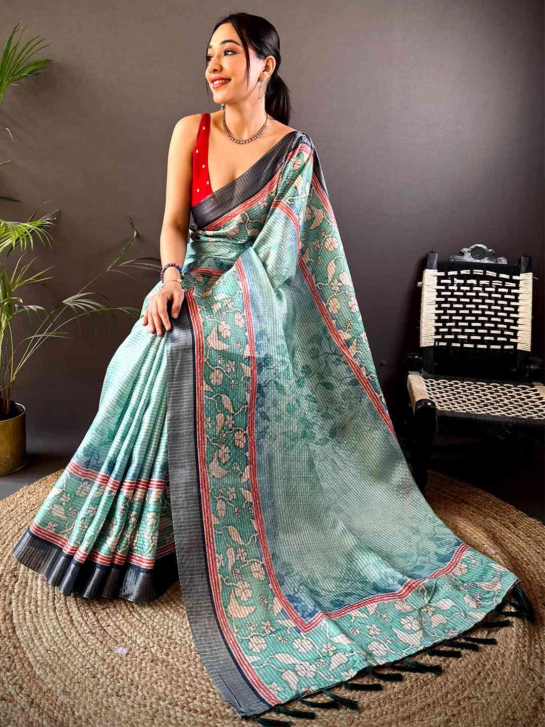 Graceful Green Soft Silk Chex Saree by My Store