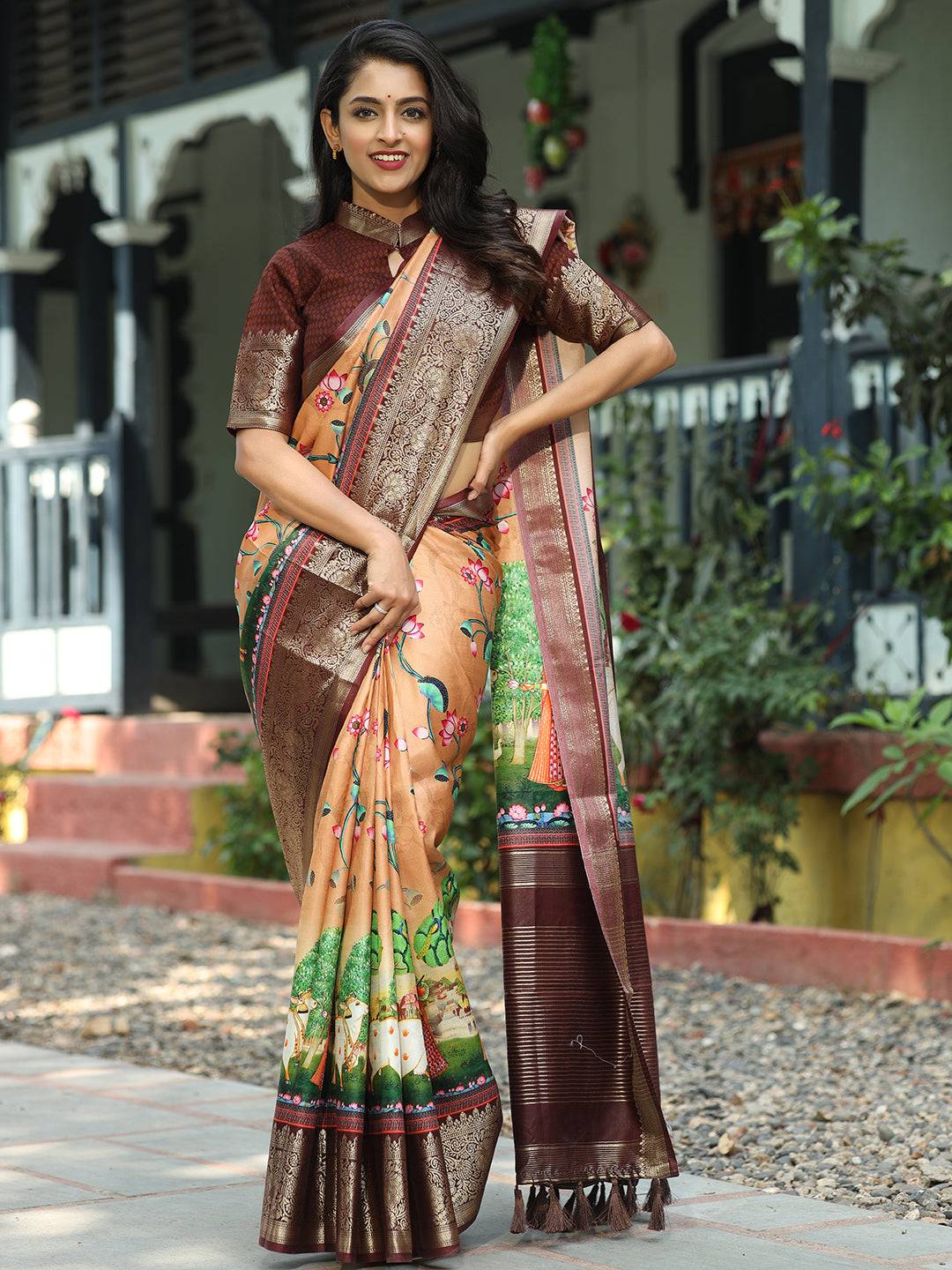 Pichwai Print Zari Weaving Pallu Saree In Peach Colour - Luxe by My Store