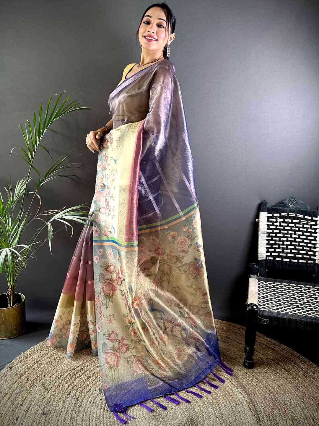 Purple Ombre Zari Tissue Digital Print Saree by My Store