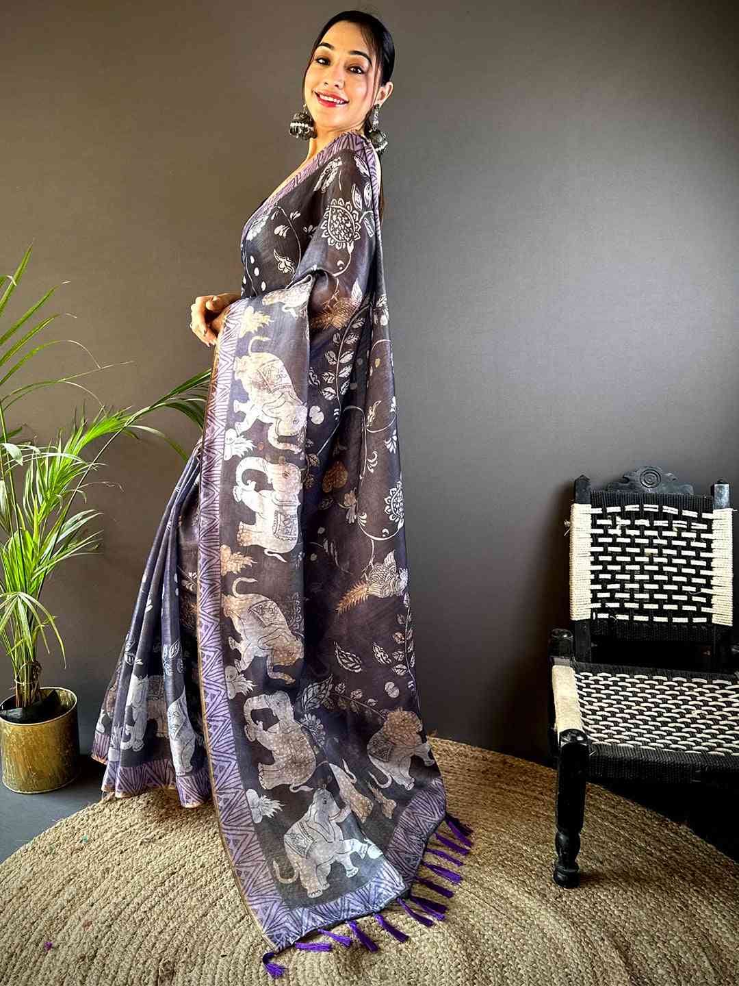 Purple Kalamkari Block Print Chanderi Saree by My Store
