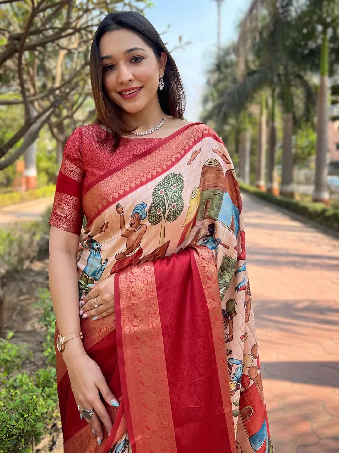 Peach Colour Double Border Chex Weaving Banarasi Soft Silk Saree by My Store
