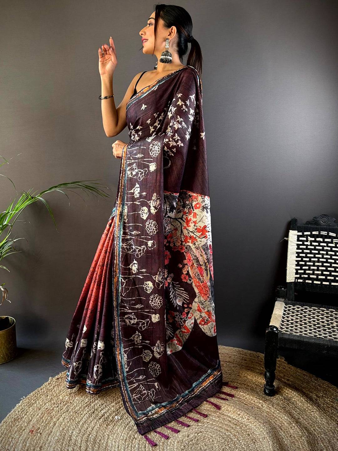 Purple Monochromatic Botanical Print Saree by My Store