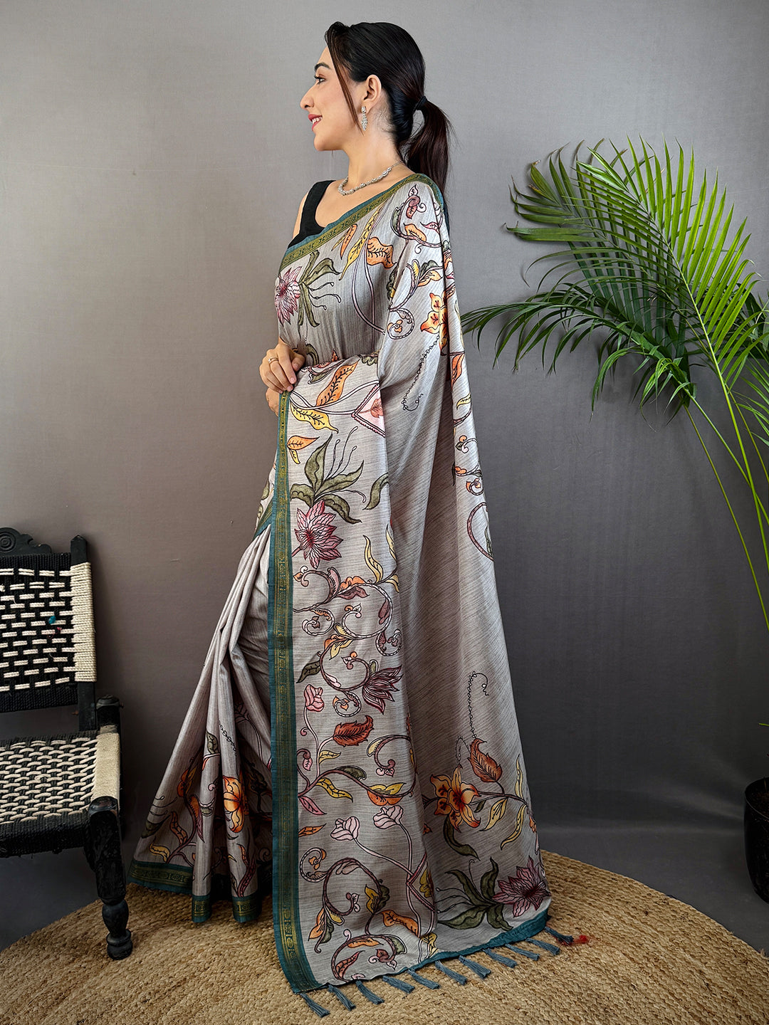 Grey Soft Silk Floral Print Saree by My Store