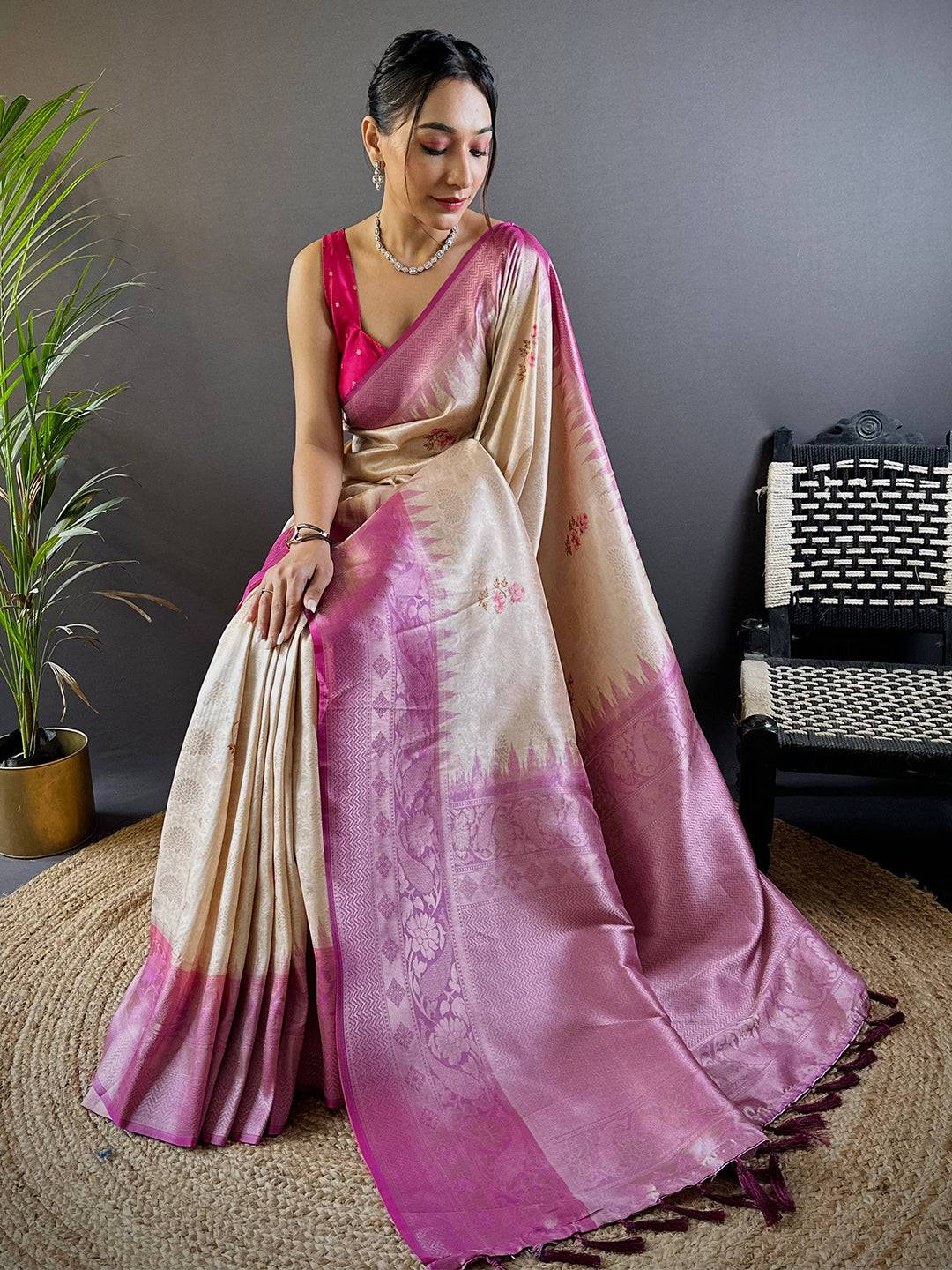 Digital Print Beige Color Silk Saree by My Store