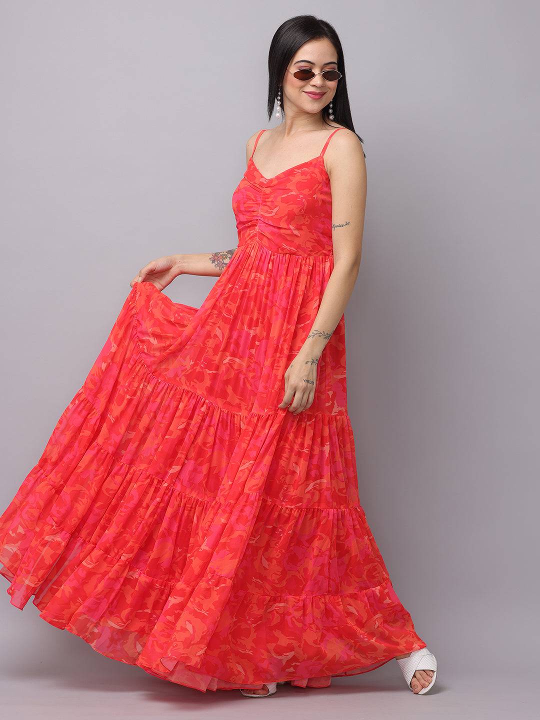 Radiant Red Floral Ruched Maxi by My Store