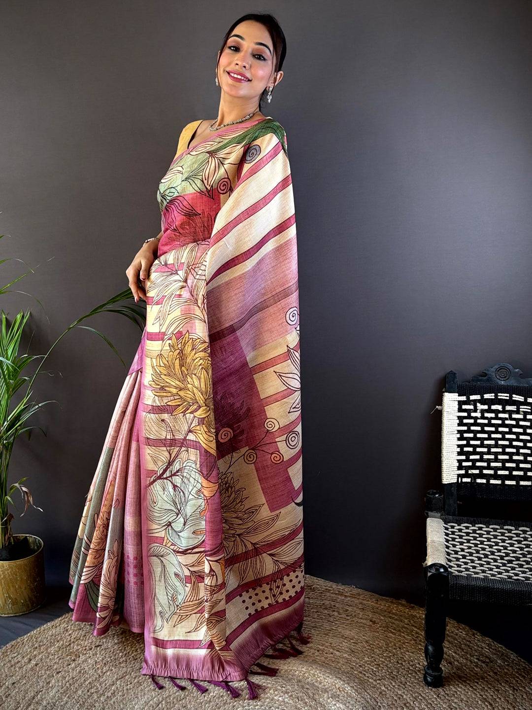 Burgundy Tussar Silk Floral Prints Saree by My Store