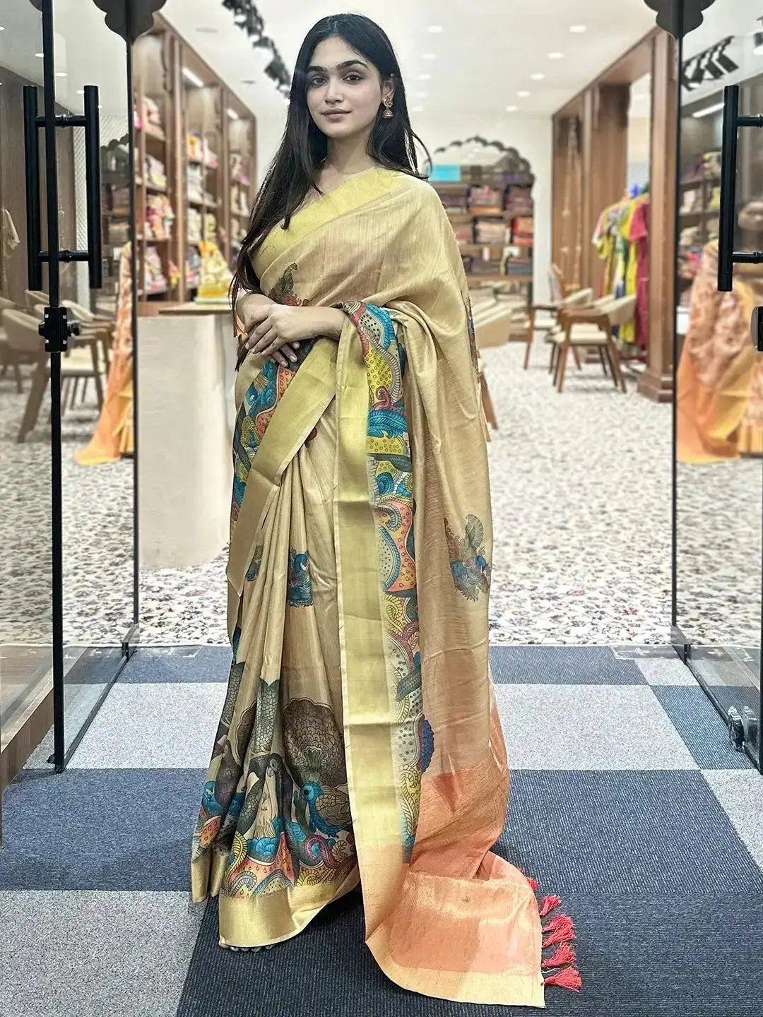 Incredible Pen Kalamkari Linen Tissue Soft Saree by My Store