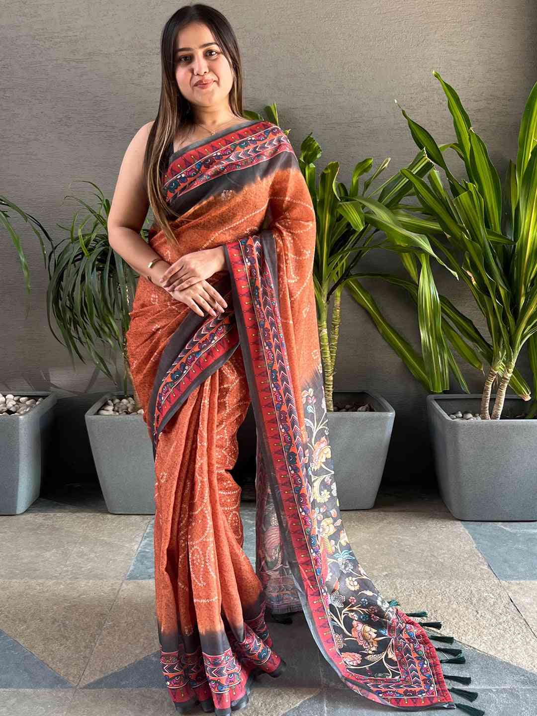 Orange Colour Design Linen Saree with Bandhej and kalamkari Digital Print