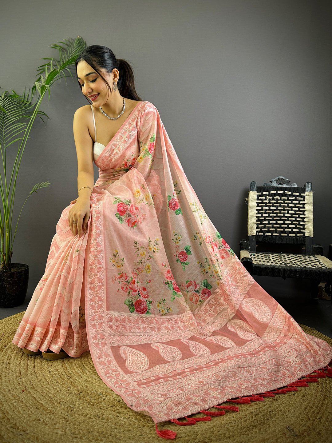 Light Pink Lakhnavi Linen Digital Print Saree by My Store