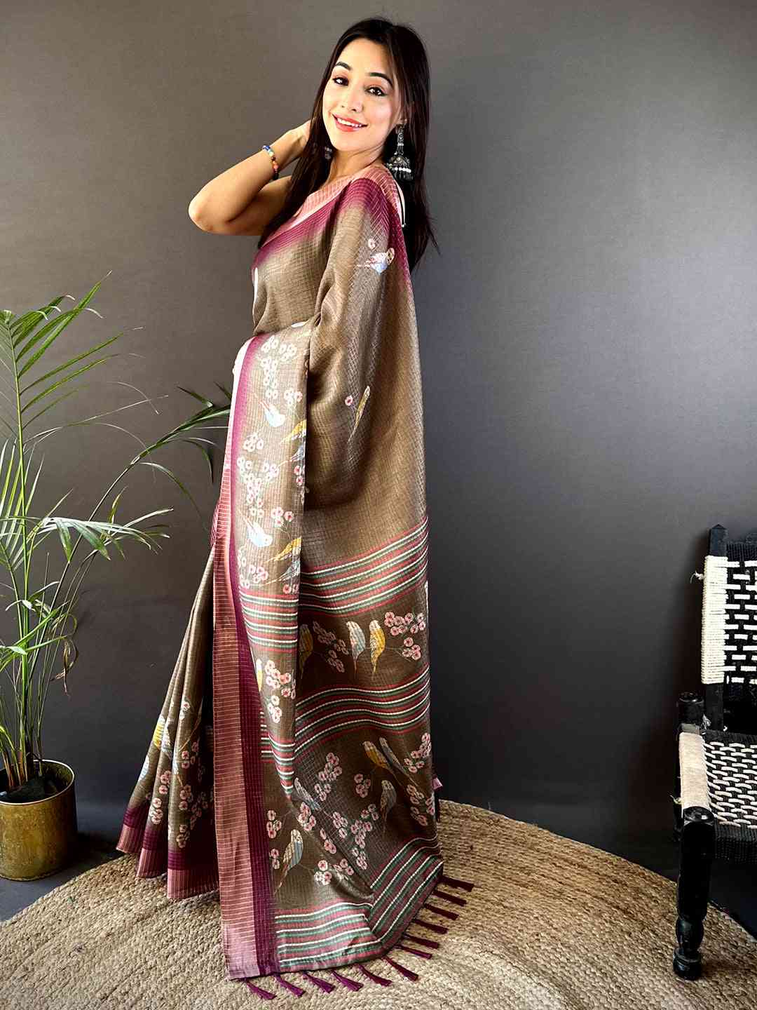 Brown Chanderi Check Sparrow Print Saree by My Store