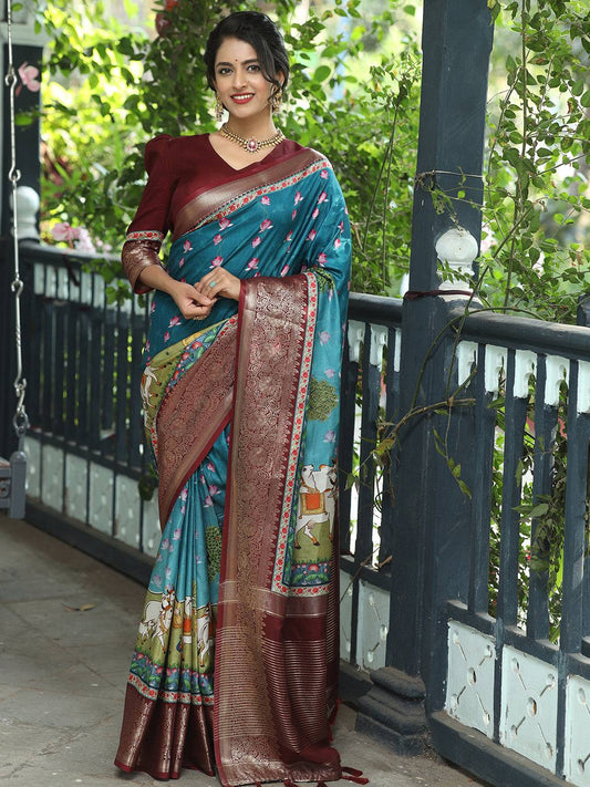 Pichwai Print Zari Weaving Pallu Saree In Blue Colour - Luxe by My Store
