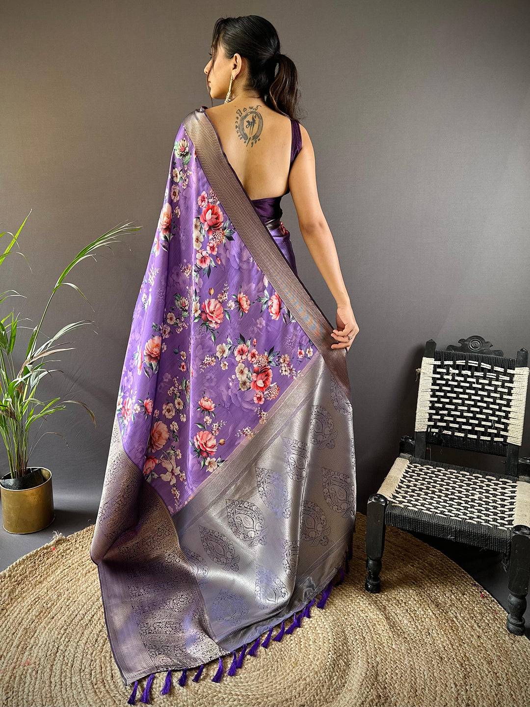 Purple Satin Silk Floral Print Saree by My Store