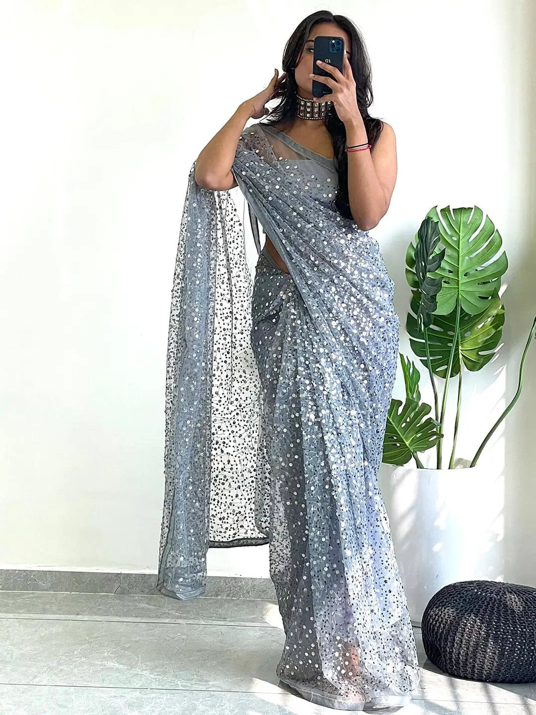 Beautiful Net Saree With Sequins Embroidery Work