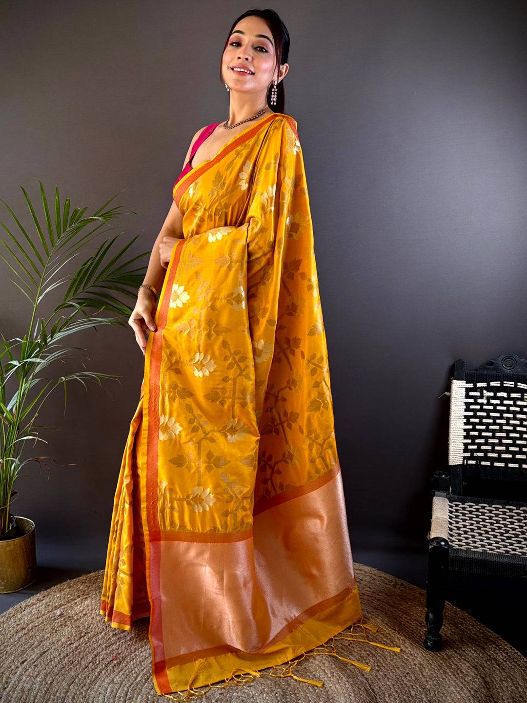 Soft Silk Geometric Floral Printed Saree by My Store