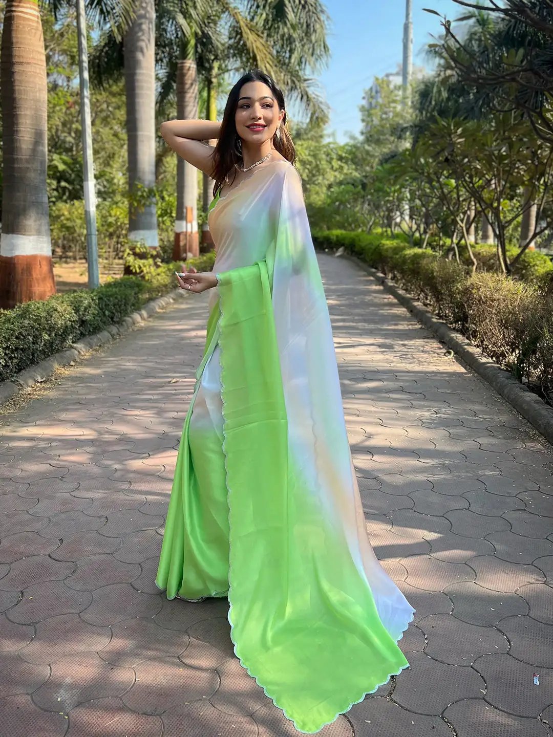 Green Satin Georgette Saree by My Store