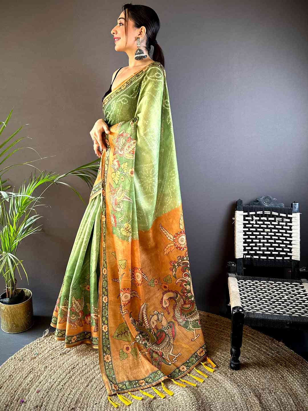 Pista Tissue Bandhej Kalamkari Saree by My Store