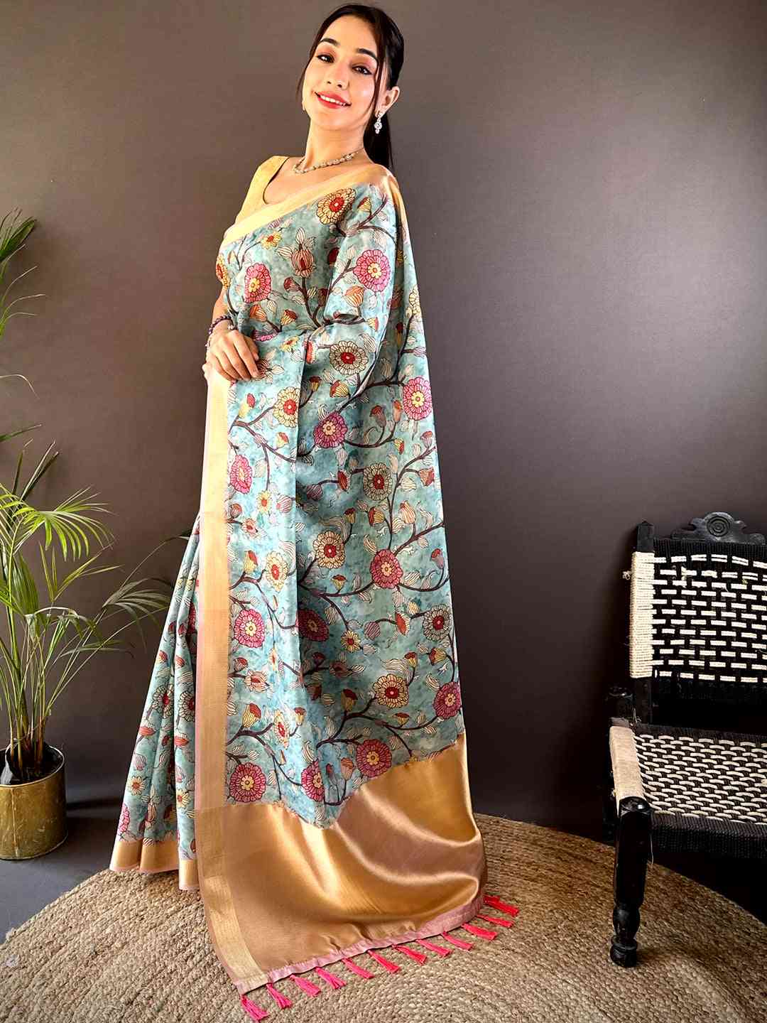 Sky Blue Soft Silk Tissue Floral Print Saree by My Store