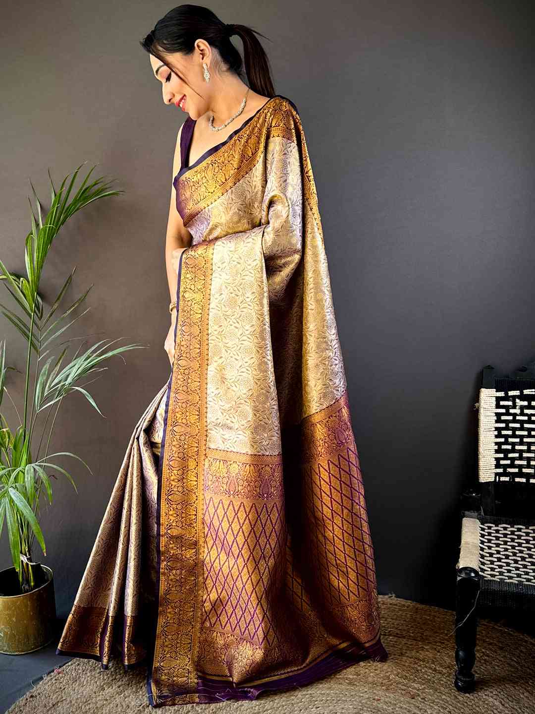 Gold Zari Floral Saree in Black by My Store