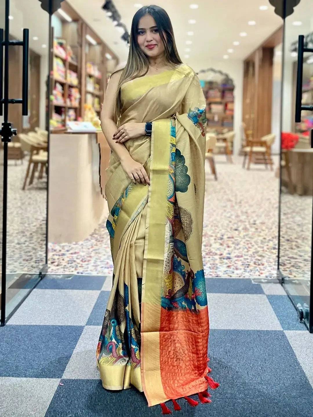 Incredible Pen Kalamkari Linen Tissue Soft Saree by My Store